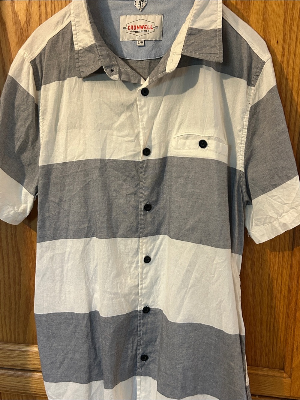 ROMWE Gray & White Wide Stripe Short Sleeve Button-Down Shirt